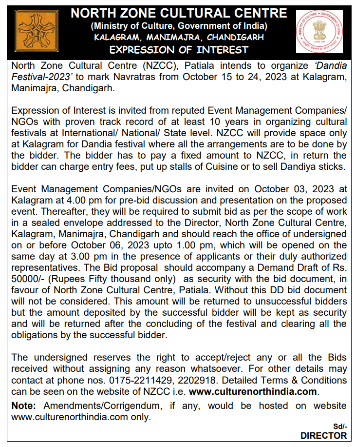 Expression of Interest is invited from reputed Event Management Companies/ NGOs to Organise Dandiya Festival-2023